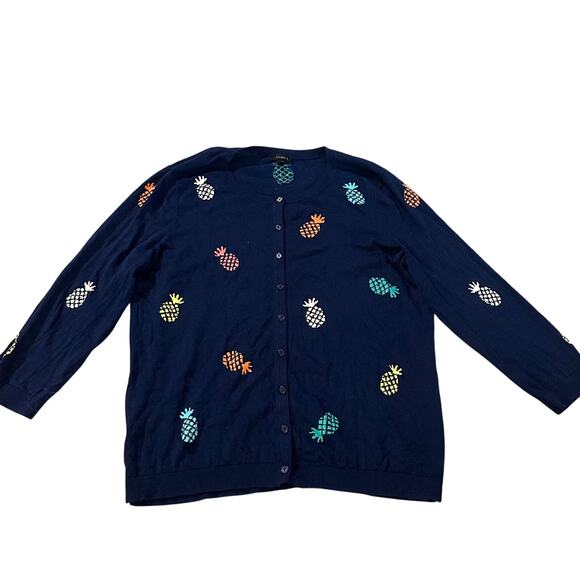 Talbots Sweaters - Talbots Navy/Pineapple Embroidered, Light Weight, Cardigan- L